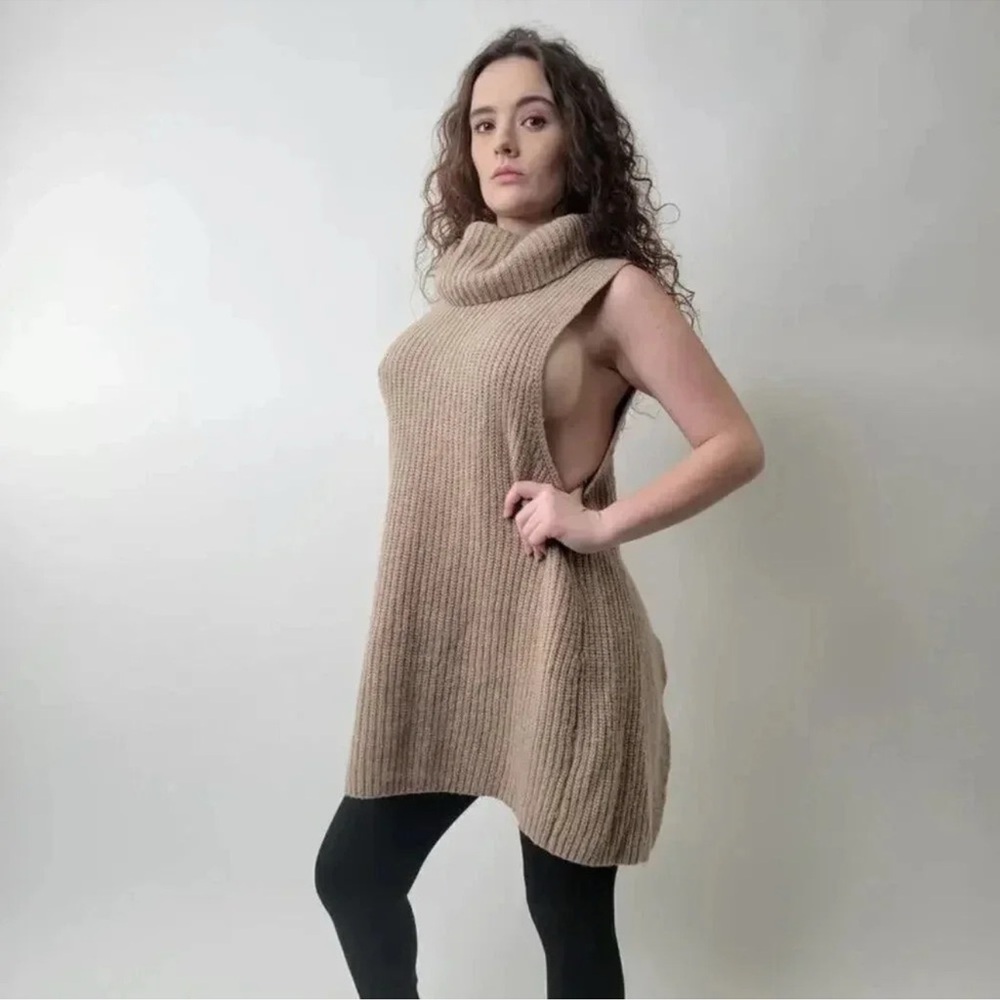 Free People Tan Sleeveless Turtleneck Sweater